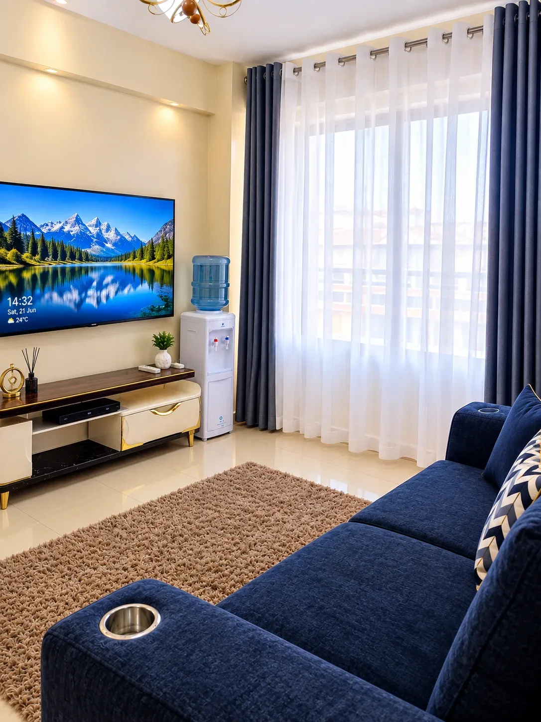 Living room with the blue sofa, Smart TV and the big window